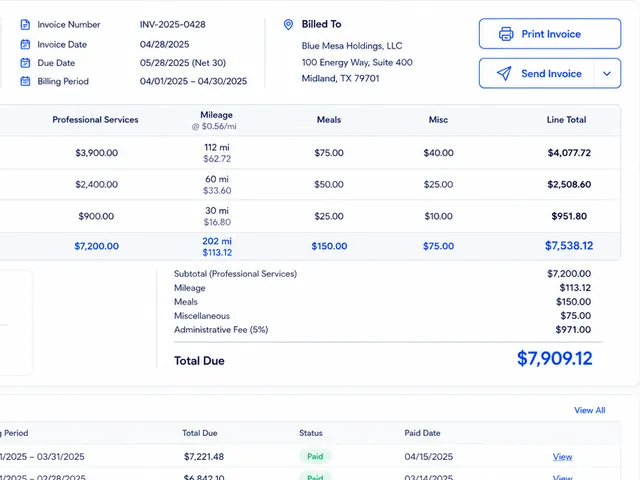 Land Agility client invoice report with billing details, line items, totals, and delivery controls