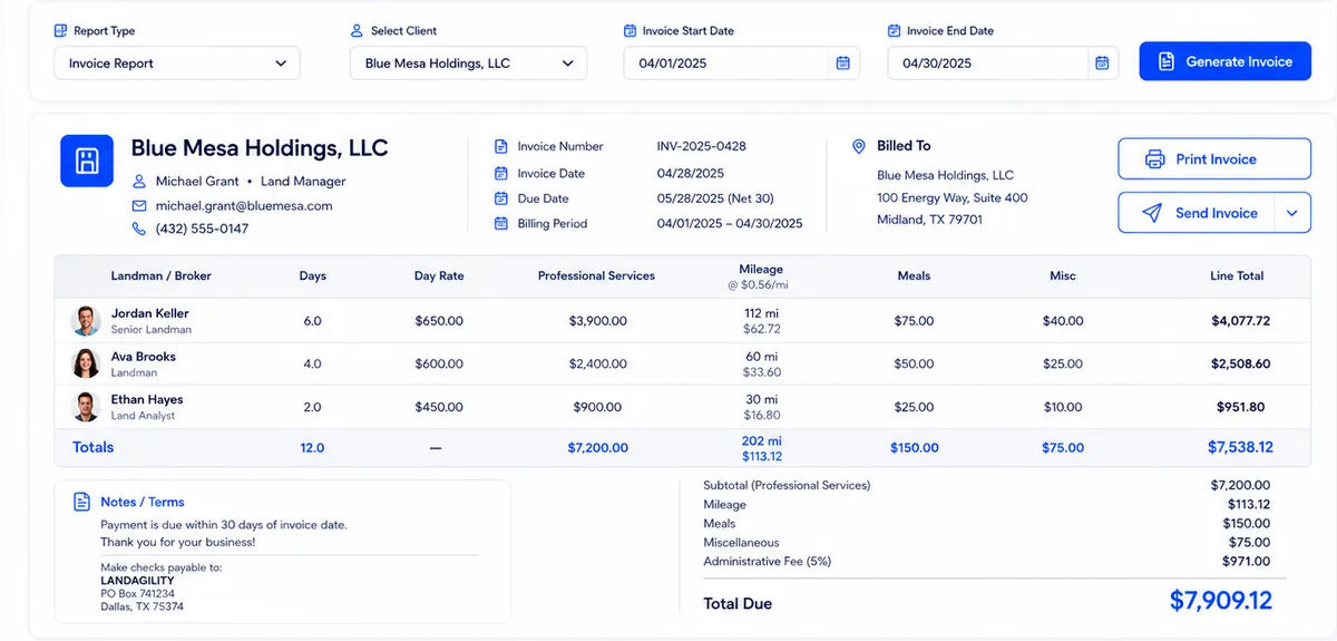 Land Agility client invoice report with billing dates, line items, totals, and print and send controls