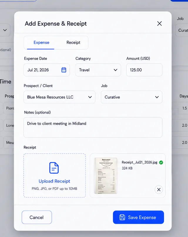 Land Agility time entry with expense and receipt details