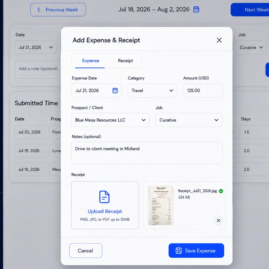 Land Agility Time Entry screen with an Add Expense and Receipt form, receipt upload, and saved receipt preview